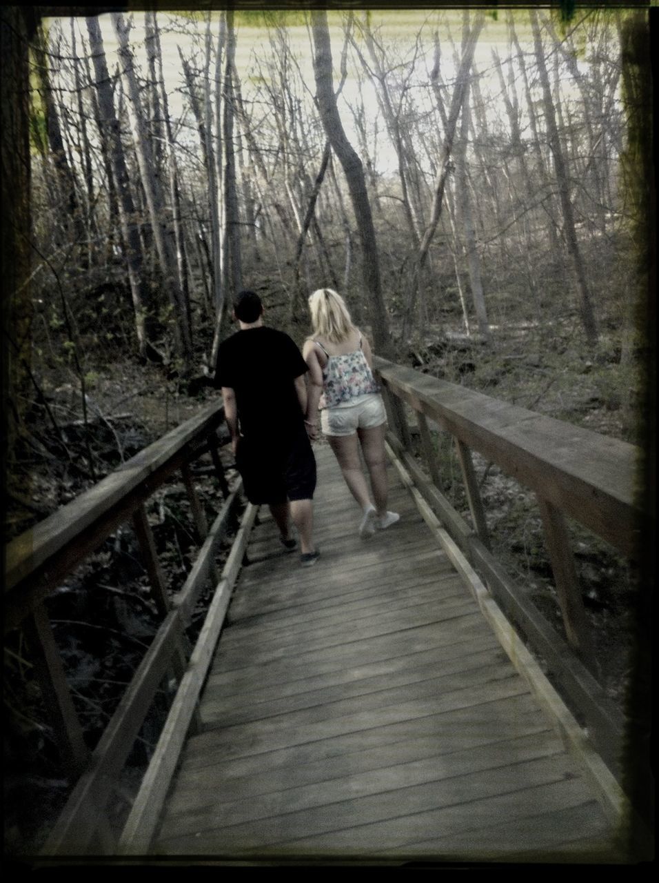 full length, rear view, tree, lifestyles, railing, leisure activity, forest, wood - material, walking, footbridge, the way forward, casual clothing, childhood, standing, boardwalk, girls, men, person