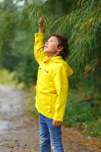 Full length of boy standing under the willow tree in yellow jacket
