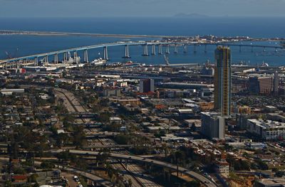 High angle view of city at waterfront