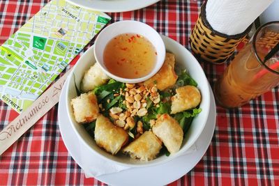 Close-up of food served on table