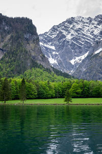 Scenic view of lake and mountains against sky