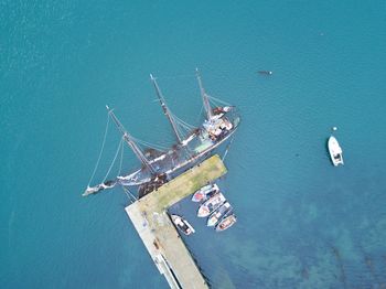 High angle view of ship sailing in sea against sky