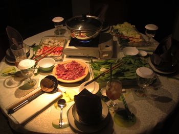 High angle view of food served on table