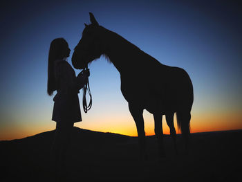 Silhouette horse standing on field against sky during sunset