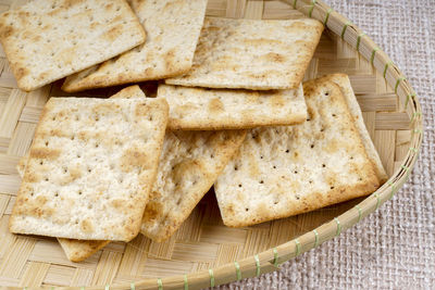 High angle view of bread on cutting board