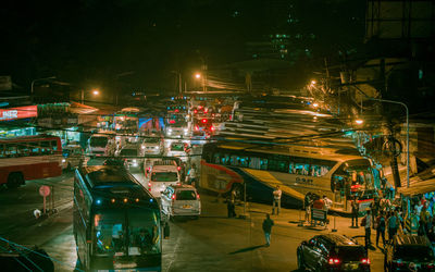 High angle view of illuminated city street at night