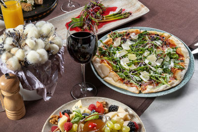 High angle view of food on table