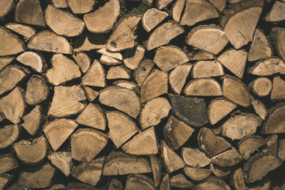 Full frame shot of logs in a woodpile. 