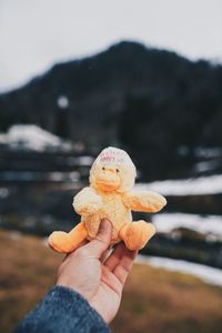 Close-up of hand holding stuffed toy