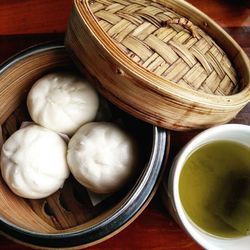 Close-up of eggs in basket on table