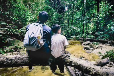 Rear view of father and son sitting on tree at forest