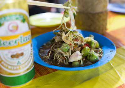 High angle view of meal served on table