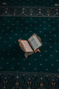 High angle view of books on table