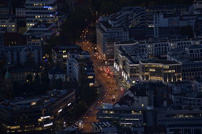 High angle view of cityscape at night