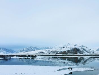 Scenic view of calm lake and snowcapped mountains against sky