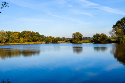 Scenic view of lake against blue sky