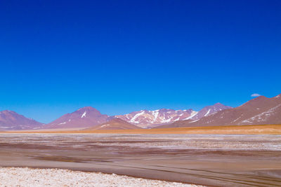 Scenic view of mountains against clear blue sky