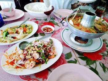 High angle view of meal served on table