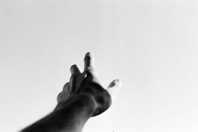 Close-up of human hand against white background