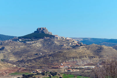 Aerial view of people on mountain against clear blue sky