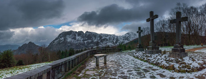 Scenic view of snow covered mountains against sky