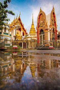 Reflection of temples on puddle