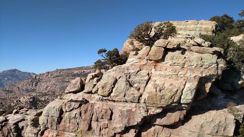 Low angle view of rock formations against clear blue sky