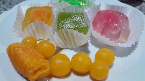 High angle view of fruits in plate