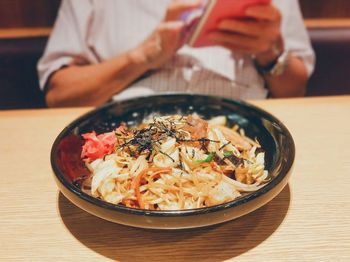 High angle view of noodles in bowl on table