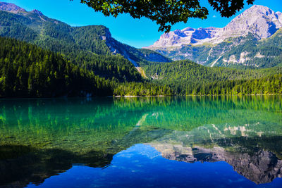 Scenic view of lake and mountains against sky