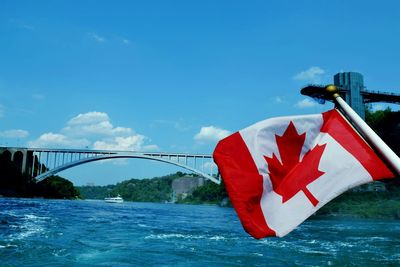 Red flag on bridge over river against blue sky , niagara falls 