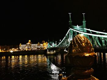 Illuminated suspension bridge over river at night