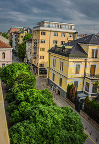 High angle view of buildings in town