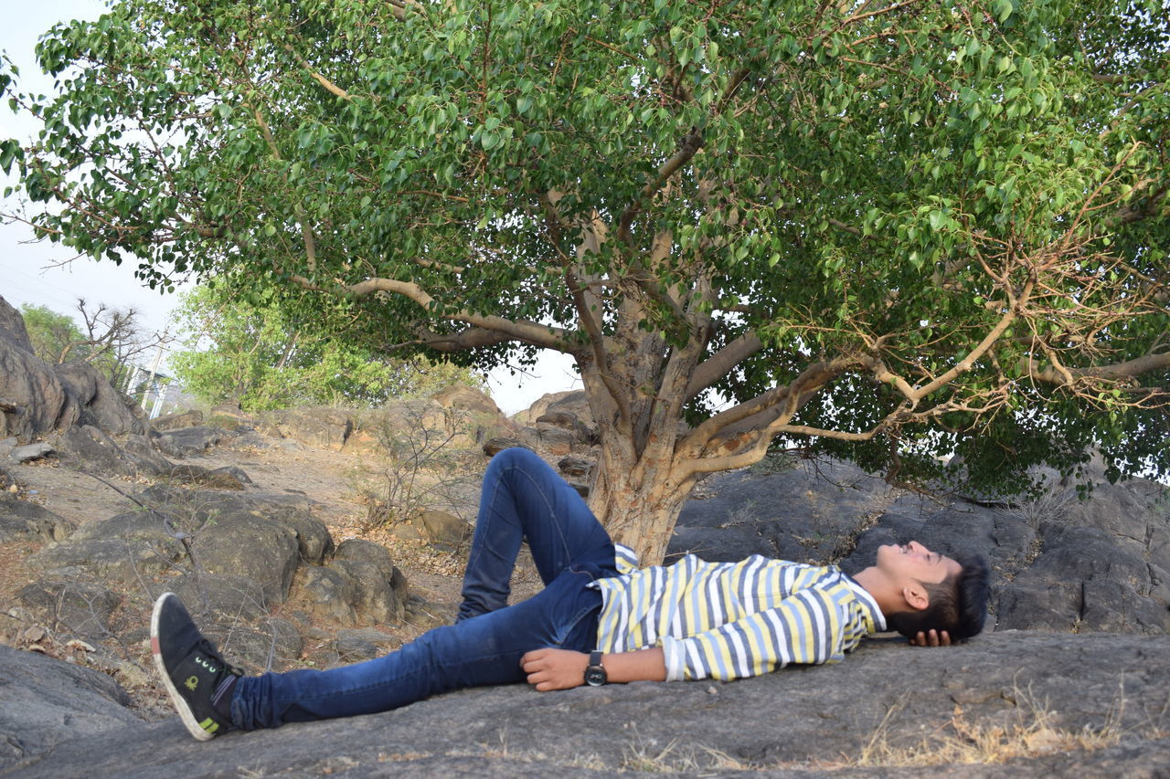 PORTRAIT OF YOUNG WOMAN LYING DOWN ON TREE