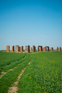 Scenic view of field against clear blue sky