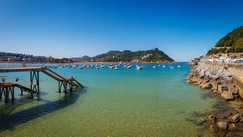 Scenic view of sea against clear blue sky