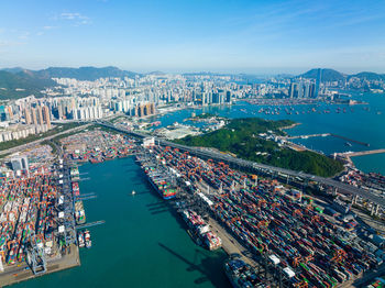 High angle view of illuminated cityscape against sky