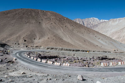 Scenic view of desert against clear blue sky