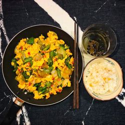 High angle view of breakfast on table