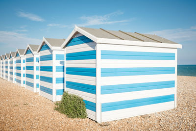 Close-up of wooden beach huts 