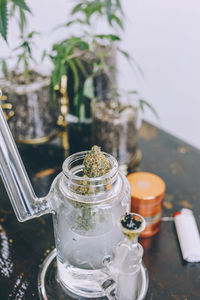 Close-up of on cannabis plant in grinder on table