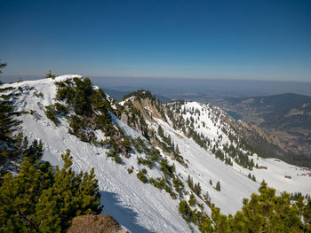 Scenic view of snowcapped mountains against clear sky