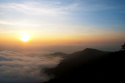 Scenic view of mountains against sky during sunset