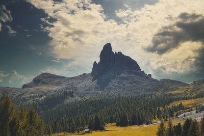 Scenic view of mountains against cloudy sky