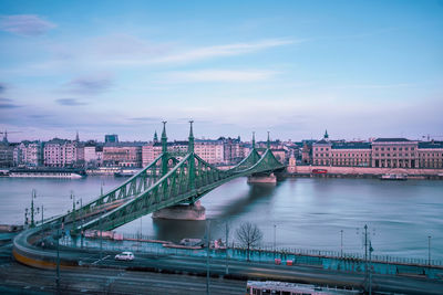 Liberty bridge over danube river against cloudy sky