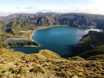 Scenic view of lake and mountains against sky