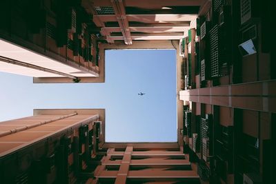 Low angle view of bird flying in city against sky