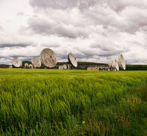 Hay bales on field against sky