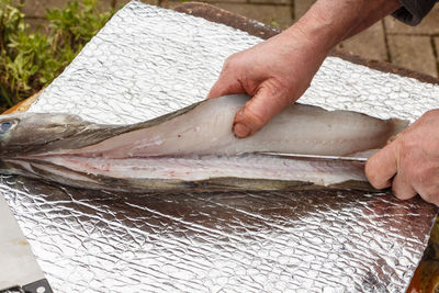 High angle view of man preparing fish