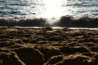 Surface level of beach against sky
